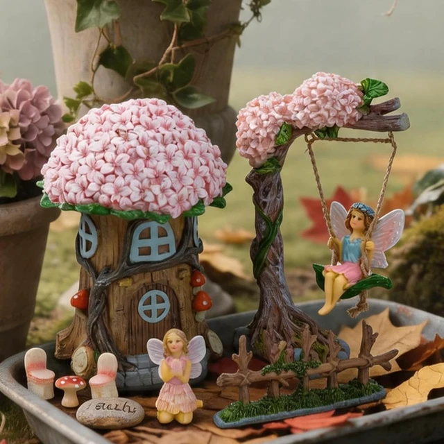 Alt view image 7 of 7 - 8 Pcs Miniature Fairy Garden Furniture Set Resin Figurines with Swing Set, Whimsical Theme for Outdoor Patio, Yard, Lawn or Desk