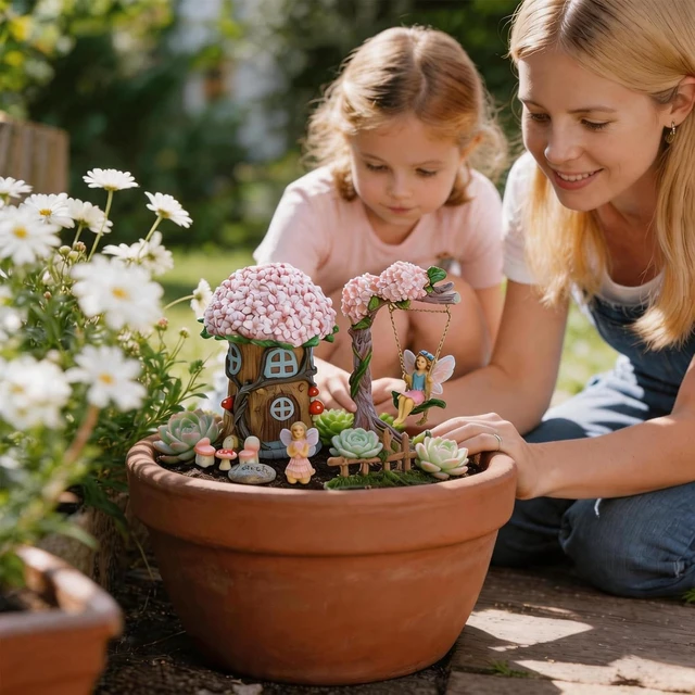 Alt view image 4 of 7 - 8 Pcs Miniature Fairy Garden Furniture Set Resin Figurines with Swing Set, Whimsical Theme for Outdoor Patio, Yard, Lawn or Desk