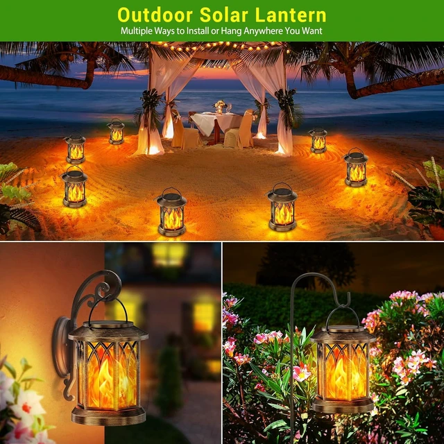 Alt view image 4 of 7 - 2 Pack Upgraded Waterproof Solar Lanterns Flickering Flame, Auto On/Off Hanging Outdoor Lights for Yard, Garden & Table Decor (Bronze )