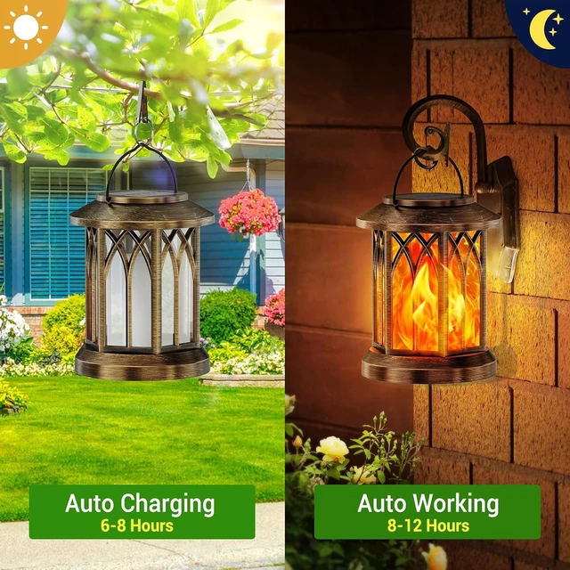 Alt view image 3 of 7 - 2 Pack Upgraded Waterproof Solar Lanterns Flickering Flame, Auto On/Off Hanging Outdoor Lights for Yard, Garden & Table Decor (Bronze )