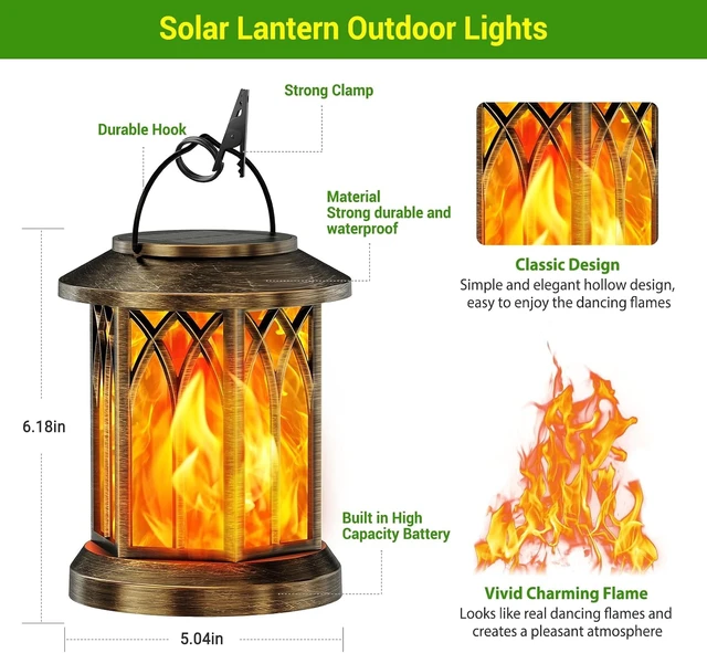 Alt view image 7 of 7 - 2 Pack Upgraded Waterproof Solar Lanterns Flickering Flame, Auto On/Off Hanging Outdoor Lights for Yard, Garden & Table Decor (Bronze )