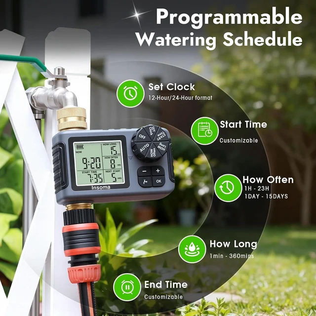 Alt view image 3 of 7 - Programmable Garden Water Timer with 100% Metal Pipe Sprinkler Controller for Faucet with Auto/Manual/Rain Delay Modes, for Lawn, Yard & Outdoor Plants