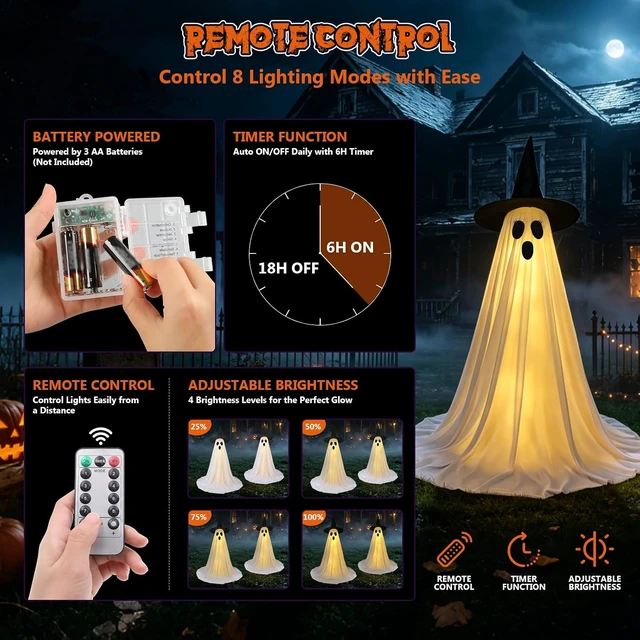 Alt view image 5 of 7 - 2 Pack 5 Ft Lighted Ghost Decorations with Remote Halloween