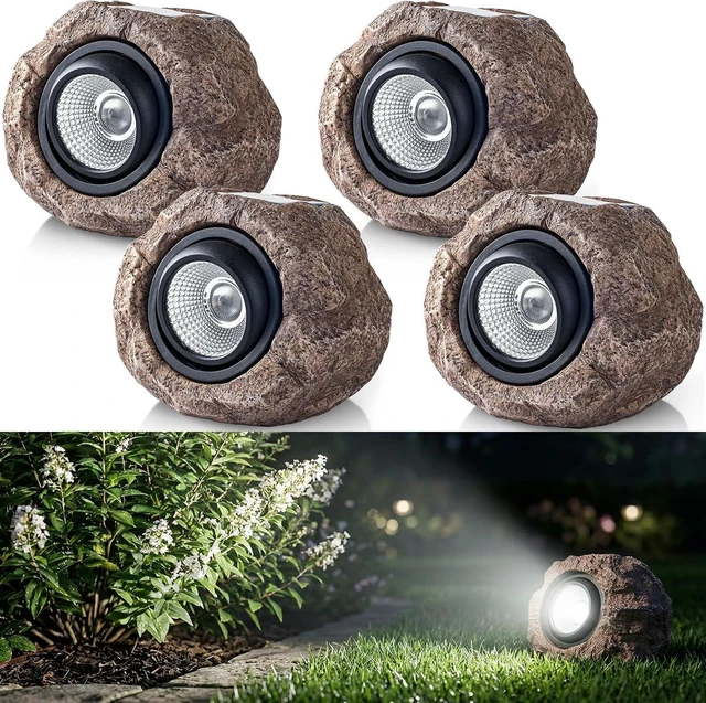 Main image of 4 Pack Solar Powered Rock Lights Waterproof LED Decorative Spotlights for Outdoor Garden, Pathway, Walkway, Yard & Patio (Cool White)