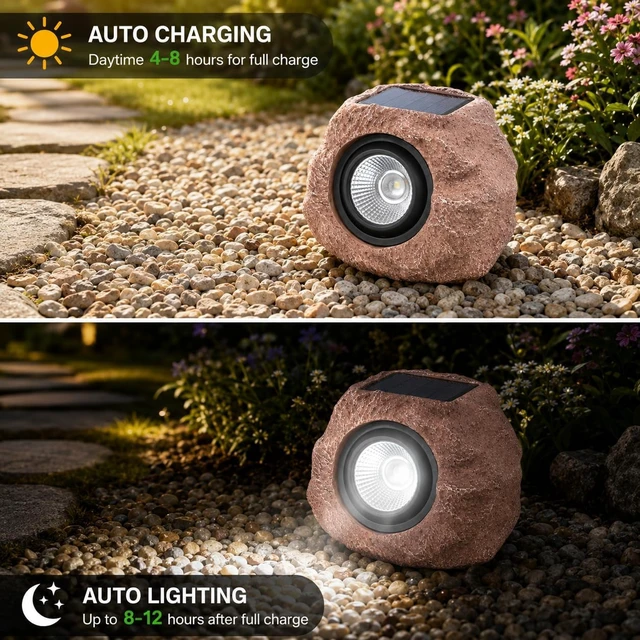 Alt view image 2 of 7 - 4 Pack Solar Powered Rock Lights Waterproof LED Decorative Spotlights for Outdoor Garden, Pathway, Walkway, Yard & Patio (Cool White)