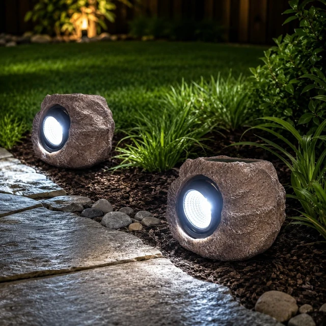 Alt view image 5 of 7 - 4 Pack Solar Powered Rock Lights Waterproof LED Decorative Spotlights for Outdoor Garden, Pathway, Walkway, Yard & Patio (Cool White)