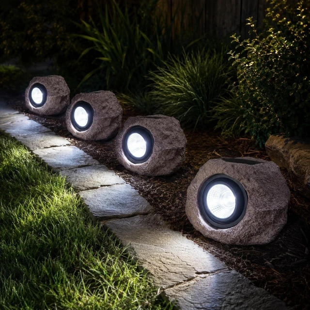Alt view image 7 of 7 - 4 Pack Solar Powered Rock Lights Waterproof LED Decorative Spotlights for Outdoor Garden, Pathway, Walkway, Yard & Patio (Cool White)