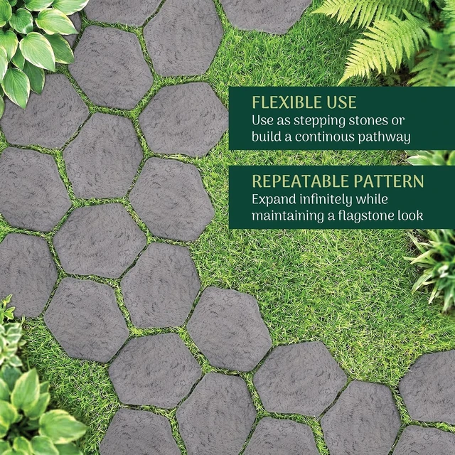 Alt view image 3 of 6 - Set of 4, 16x17 Dark Gray Fiberclay Stepping Stone Pavers Faux Stone Outdoor Garden Pathway with Repeatable Pattern