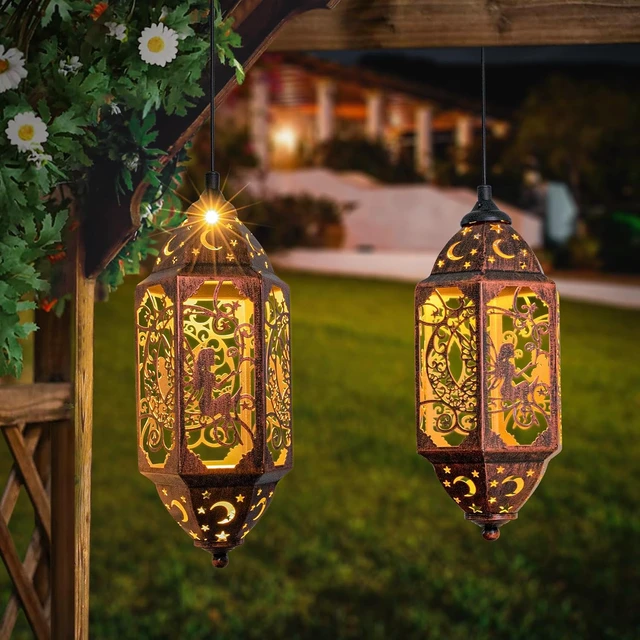 Alt view image 4 of 7 - 2 Pack 12.4" Moon Solar Lanterns Waterproof Outdoor Lights for Balcony, Backyard & Porch, Garden Gift for Mom & Grandma (2Pack, Red Copper)