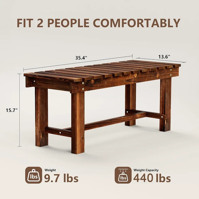 Alt view image 2 of 7 - 35.5" Brown Weatherproof 2-Person Wood Backless Garden Bench