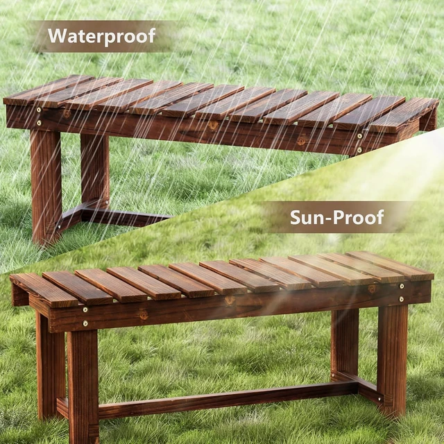 Alt view image 4 of 7 - 35.5" Brown Weatherproof 2-Person Wood Backless Garden Bench