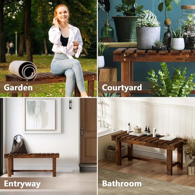 Alt view image 6 of 7 - 35.5" Brown Weatherproof 2-Person Wood Backless Garden Bench