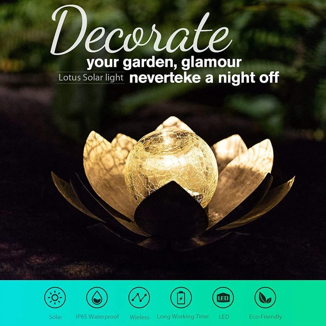 Alt view image 2 of 7 - 2 Pack Amber Crackle Glass Lotus Solar Lights Waterproof Gray Metal LED Flower Lights for Patio, Lawn, Walkway & Tabletop, Garden Gift for Women
