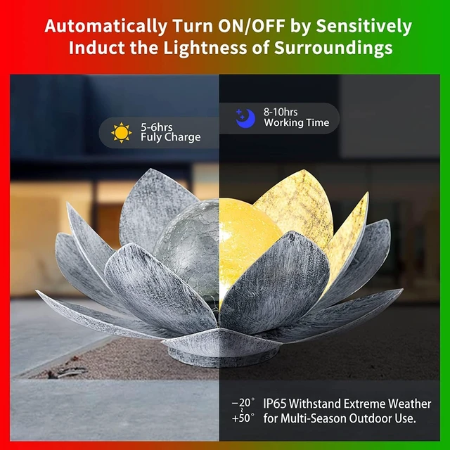Alt view image 3 of 7 - 2 Pack Amber Crackle Glass Lotus Solar Lights Waterproof Gray Metal LED Flower Lights for Patio, Lawn, Walkway & Tabletop, Garden Gift for Women