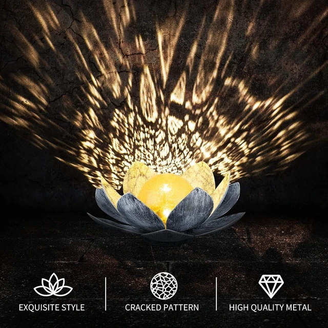 Alt view image 4 of 7 - 2 Pack Amber Crackle Glass Lotus Solar Lights Waterproof Gray Metal LED Flower Lights for Patio, Lawn, Walkway & Tabletop, Garden Gift for Women