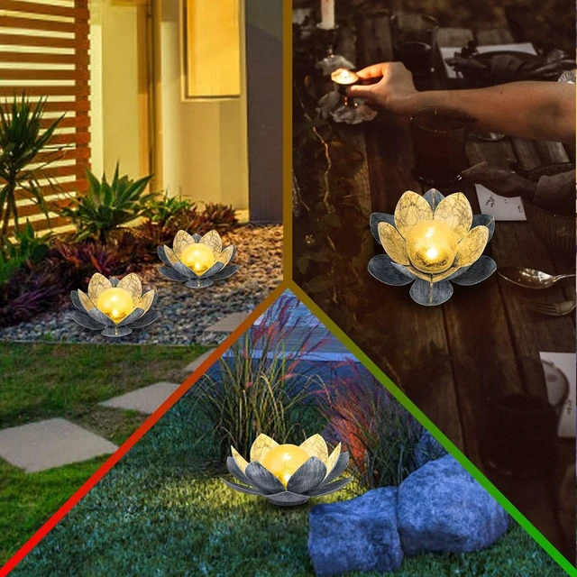 Alt view image 7 of 7 - 2 Pack Amber Crackle Glass Lotus Solar Lights Waterproof Gray Metal LED Flower Lights for Patio, Lawn, Walkway & Tabletop, Garden Gift for Women
