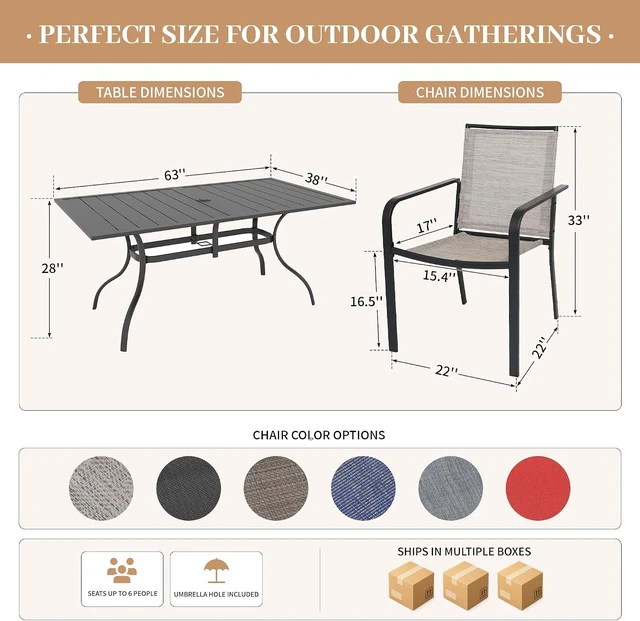 Alt view image 2 of 7 - 7 Piece Outdoor Dining Set 63" Patio Table & Stackable Chairs, Brown