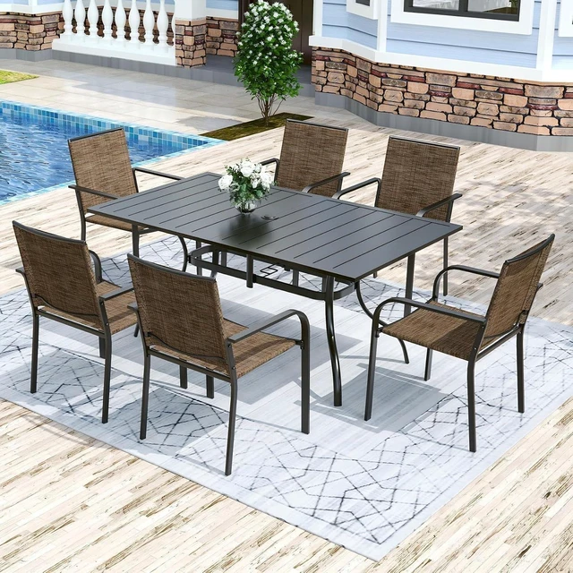 Main image of 7 Piece Outdoor Dining Set 63" Patio Table & Stackable Chairs, Brown