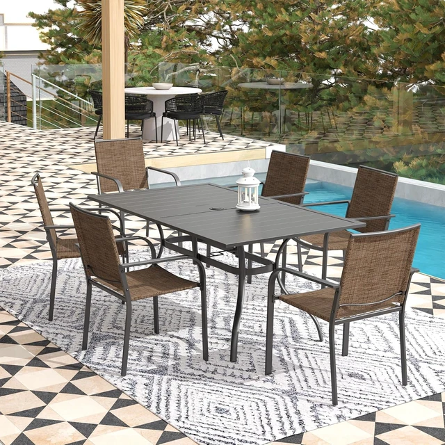 Alt view image 3 of 7 - 7 Piece Outdoor Dining Set 63" Patio Table & Stackable Chairs, Brown