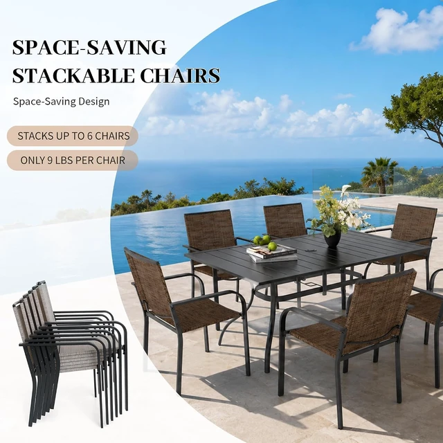 Alt view image 4 of 7 - 7 Piece Outdoor Dining Set 63" Patio Table & Stackable Chairs, Brown