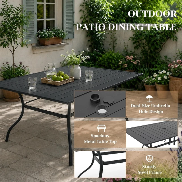 Alt view image 6 of 7 - 7 Piece Outdoor Dining Set 63" Patio Table & Stackable Chairs, Brown