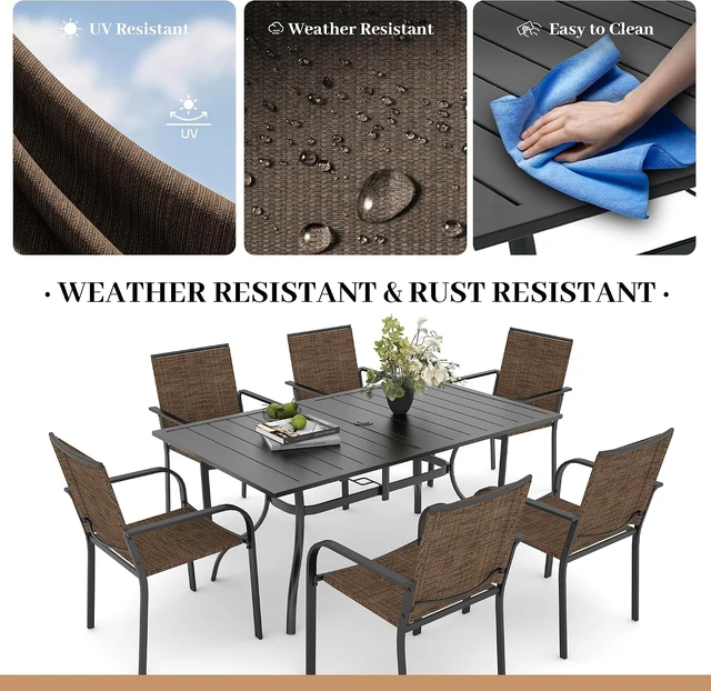 Alt view image 7 of 7 - 7 Piece Outdoor Dining Set 63" Patio Table & Stackable Chairs, Brown