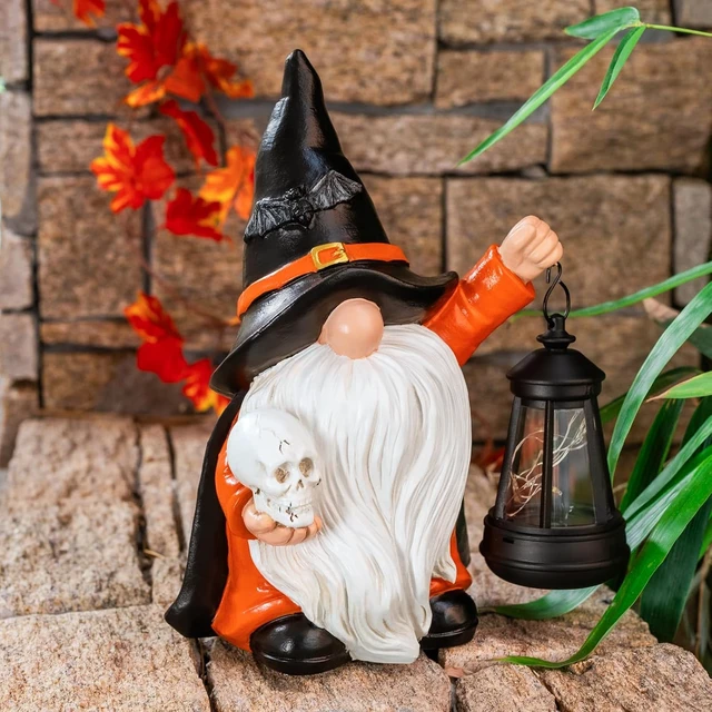 Alt view image 2 of 7 - Halloween Gnome Garden Statue with Skull & LED Lantern Solar Outdoor Porch, Patio & Yard Art, Holiday Gardening Gift for Mom & Women
