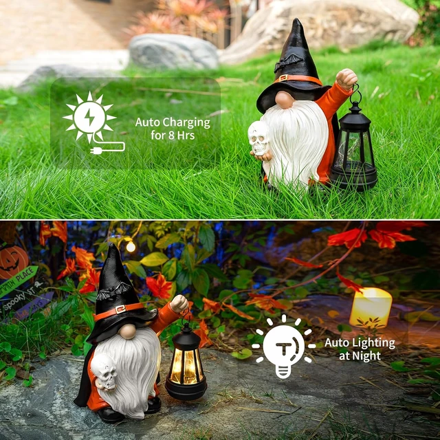 Alt view image 3 of 7 - Halloween Gnome Garden Statue with Skull & LED Lantern Solar Outdoor Porch, Patio & Yard Art, Holiday Gardening Gift for Mom & Women