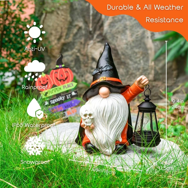 Alt view image 4 of 7 - Halloween Gnome Garden Statue with Skull & LED Lantern Solar Outdoor Porch, Patio & Yard Art, Holiday Gardening Gift for Mom & Women