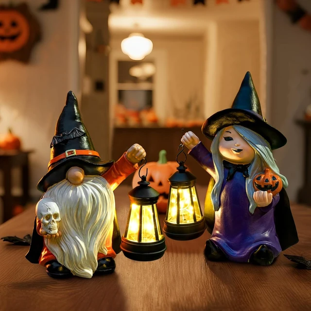 Alt view image 5 of 7 - Halloween Gnome Garden Statue with Skull & LED Lantern Solar Outdoor Porch, Patio & Yard Art, Holiday Gardening Gift for Mom & Women