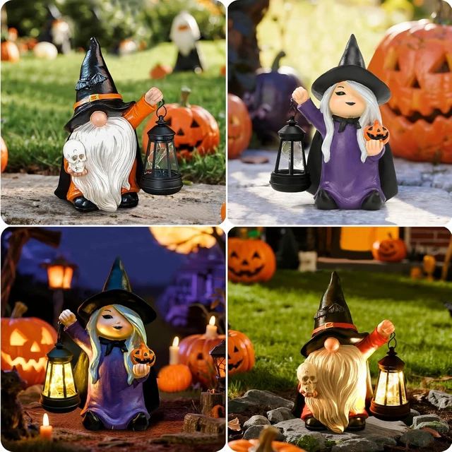 Alt view image 6 of 7 - Halloween Gnome Garden Statue with Skull & LED Lantern Solar Outdoor Porch, Patio & Yard Art, Holiday Gardening Gift for Mom & Women