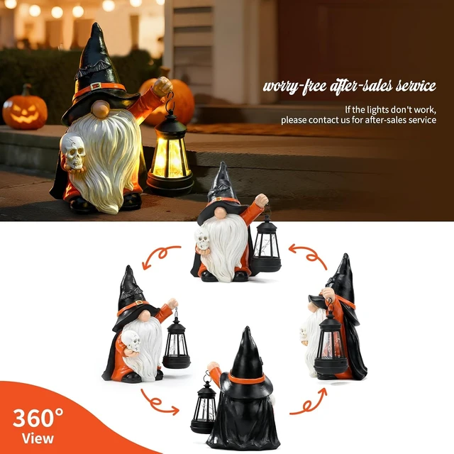 Alt view image 7 of 7 - Halloween Gnome Garden Statue with Skull & LED Lantern Solar Outdoor Porch, Patio & Yard Art, Holiday Gardening Gift for Mom & Women