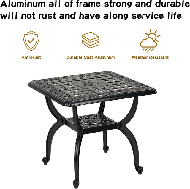 Alt view image 3 of 7 - Jardin DE Centennial Anti-Rust Cast Aluminum Outdoor Side Table Patio Coffee Bistro End Table for Indoor, Garden, Porch & Balcony (Square Black)