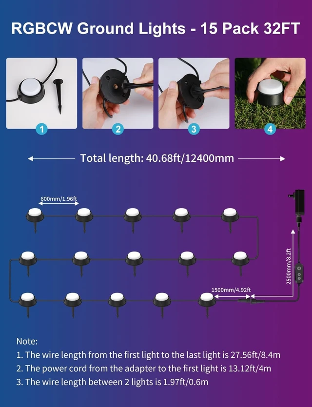 Alt view image 6 of 7 - 15 Pack Wired RGBCW Ground Lights 32 Ft Outdoor Pathway Lights