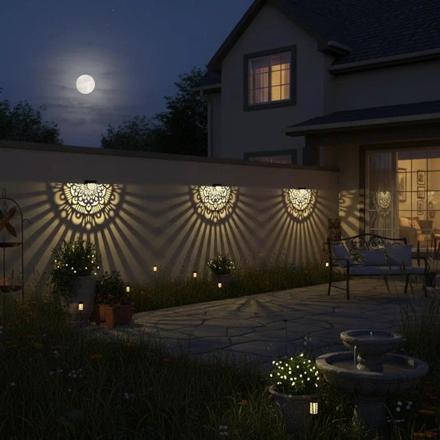 Alt view image 2 of 7 - 6 Pack Mandala Solar Fence Lights Black Waterproof Solar Powered Wall/Deck Step Lights for Garden, Post, Patio, Backyard & Yard Decor
