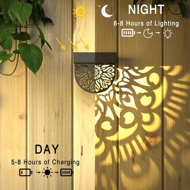 Alt view image 7 of 7 - 6 Pack Mandala Solar Fence Lights Black Waterproof Solar Powered Wall/Deck Step Lights for Garden, Post, Patio, Backyard & Yard Decor