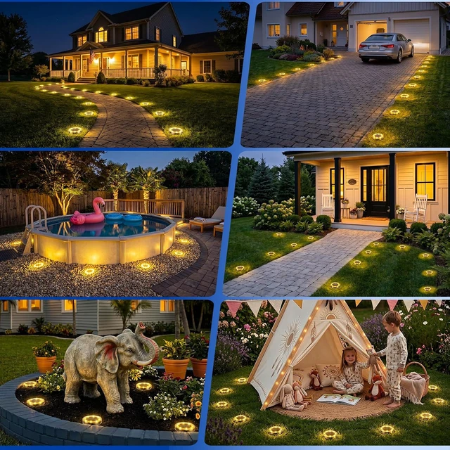 Alt view image 5 of 6 - 16 Pack Anti-Rust Solar Ground Lights Warm White Outdoor Disk Lights