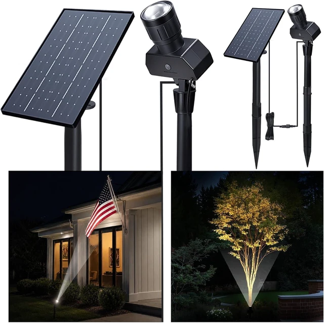 Main image of 2 Pack Adjustable Solar Spot Lights Beam Focus Uplights with Separate Panel, Warm White & Daylight Selectable for House Exterior, Flag & Trees