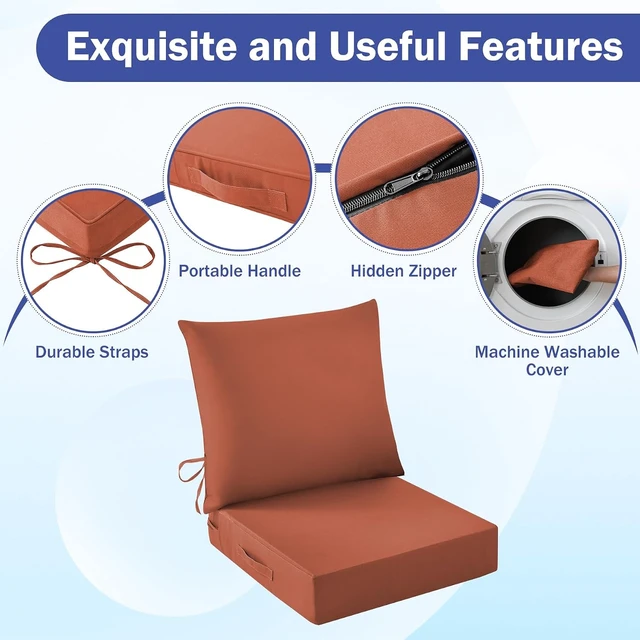 Alt view image 5 of 7 - 24 x 24 x 5.75 Inch Outdoor Seat Cushion Set Waterproof & Fade Resistant Patio Cushions with Handle & Ties for Chair, Sofa & Couch, Spice