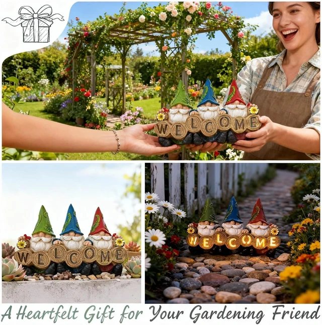 Alt view image 2 of 7 - Solar Light-Up Welcome Gnome Garden Statue Waterproof Resin Outdoor Figurine for Patio, Yard, Porch & Balcony, Gift for Women & Grandma