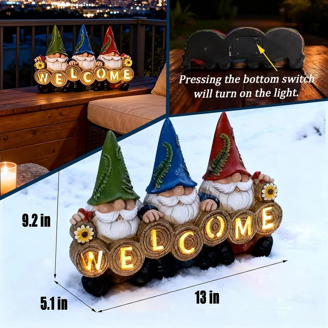 Alt view image 3 of 7 - Solar Light-Up Welcome Gnome Garden Statue Waterproof Resin Outdoor Figurine for Patio, Yard, Porch & Balcony, Gift for Women & Grandma