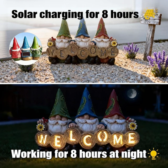 Alt view image 4 of 7 - Solar Light-Up Welcome Gnome Garden Statue Waterproof Resin Outdoor Figurine for Patio, Yard, Porch & Balcony, Gift for Women & Grandma