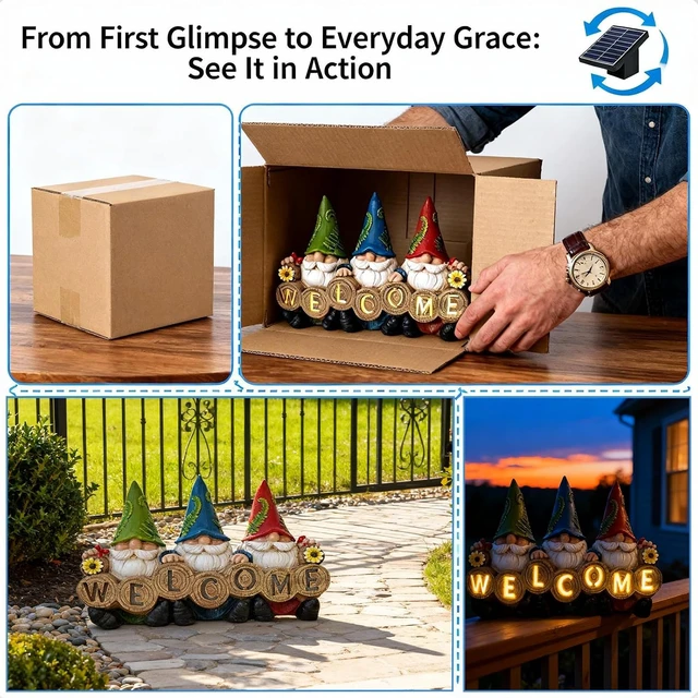Alt view image 7 of 7 - Solar Light-Up Welcome Gnome Garden Statue Waterproof Resin Outdoor Figurine for Patio, Yard, Porch & Balcony, Gift for Women & Grandma