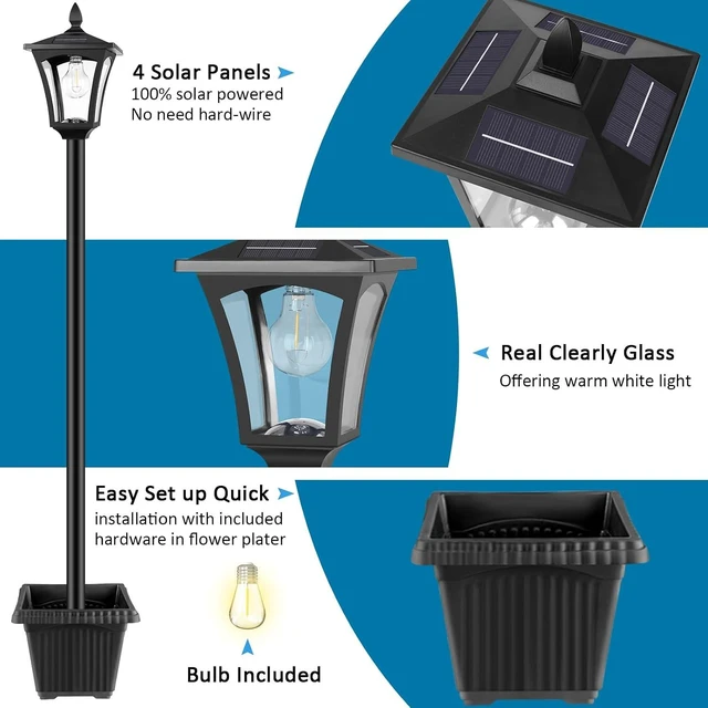 Alt view image 2 of 7 - 72" Solar Post Light with Planter Waterproof Outdoor Lamp for Backyard, Pathway, Patio, Lawn & Driveway Decor