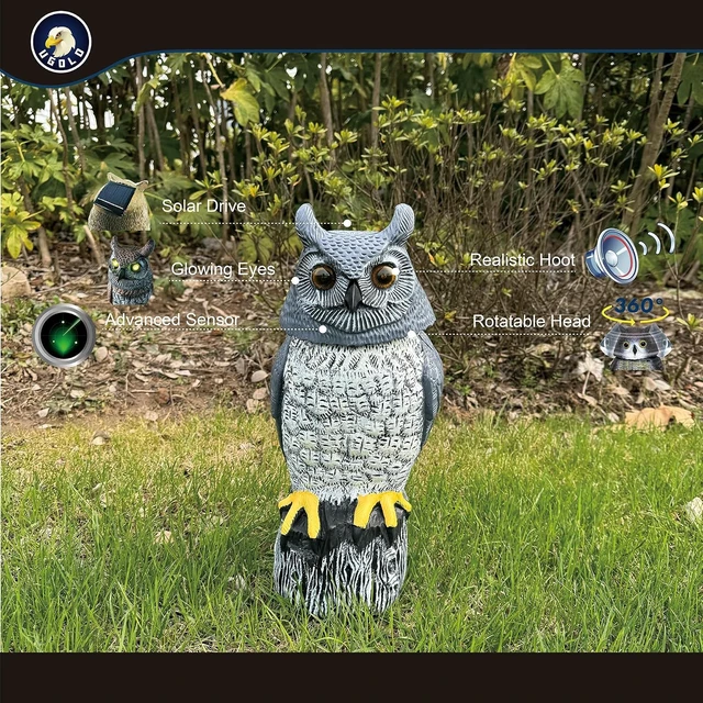 Alt view image 2 of 6 - Solar Powered Garden Owl Statue with Motion Detection, Rotating Head, Realistic Hoots & Silent Mode Outdoor Owl Decoration for Home, Garden, Patio & Lawn