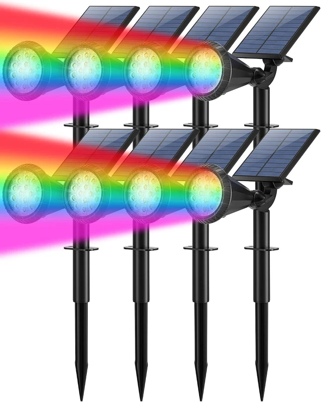 Main image of 8 Pack Color Changing Solar Lights 180° Adjustable RGB Landscape Spotlights with 7 Modes, Waterproof for Yard, Pathway & Garden