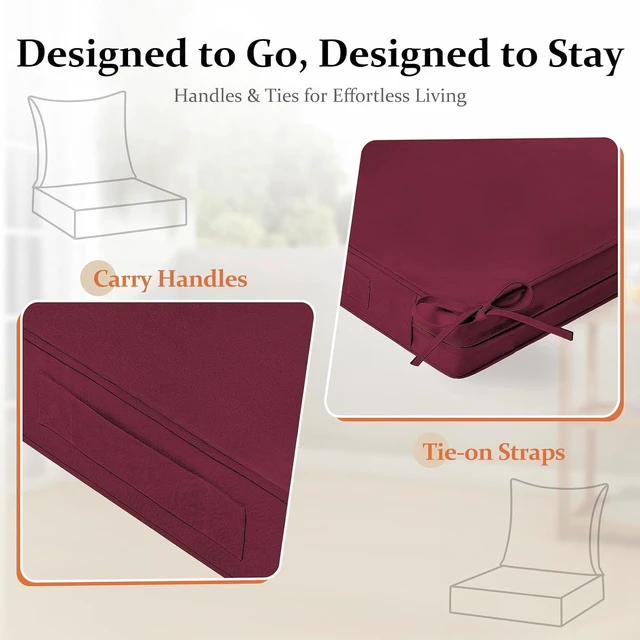 Alt view image 4 of 7 - 24x24 Waterproof Fade-Resistant Chair Cushions with Handle & Removable Cover Deep Seat Outdoor Cushions for Sofa, Couch & Patio Chairs, Burgundy
