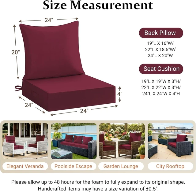 Alt view image 7 of 7 - 24x24 Waterproof Fade-Resistant Chair Cushions with Handle & Removable Cover Deep Seat Outdoor Cushions for Sofa, Couch & Patio Chairs, Burgundy
