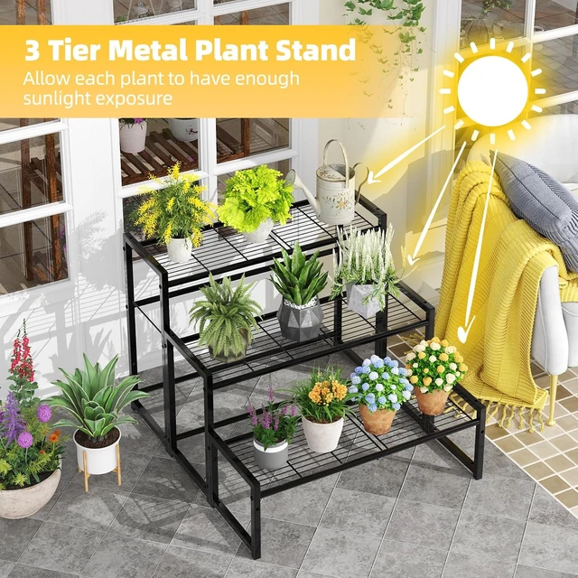 Alt view image 2 of 6 - 3 Tier Stackable Metal Plant Stand Waterproof Heavy Duty Tall Flower Pot Holder & Display Rack for Indoor & Outdoor Garden, Black