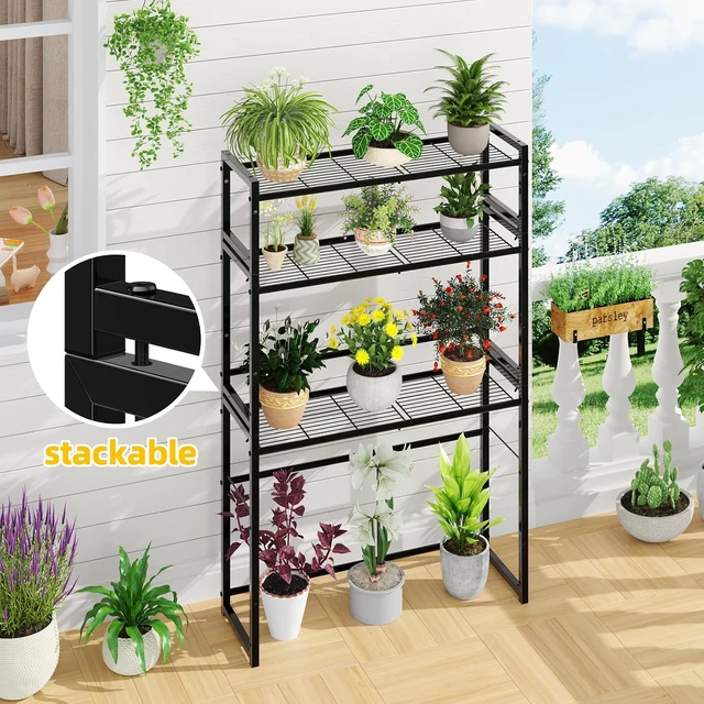 Alt view image 3 of 6 - 3 Tier Stackable Metal Plant Stand Waterproof Heavy Duty Tall Flower Pot Holder & Display Rack for Indoor & Outdoor Garden, Black